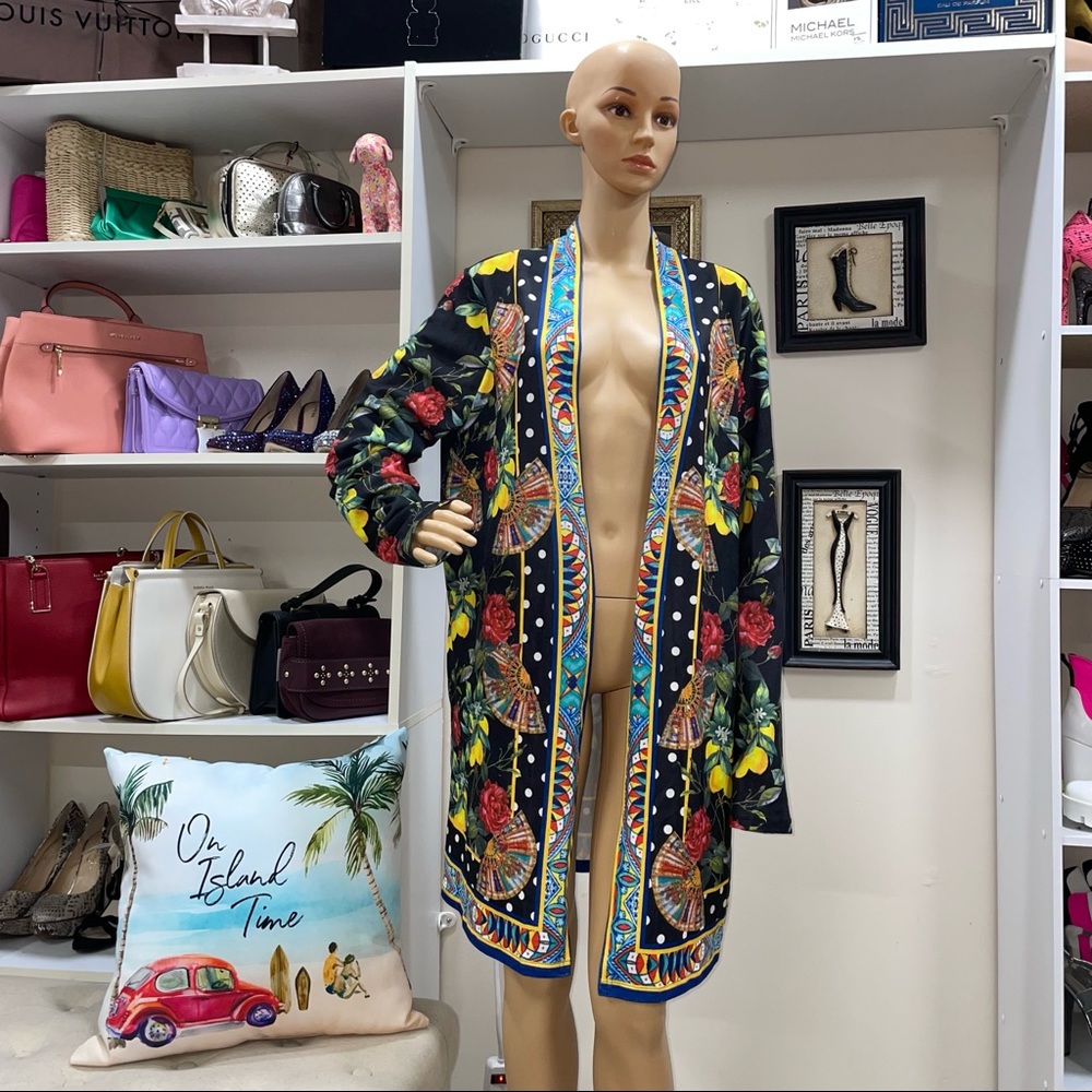 Noracora NWT! Black/Multicolor Hand Fan & Floral Print Cardigan Sweater Size XXL